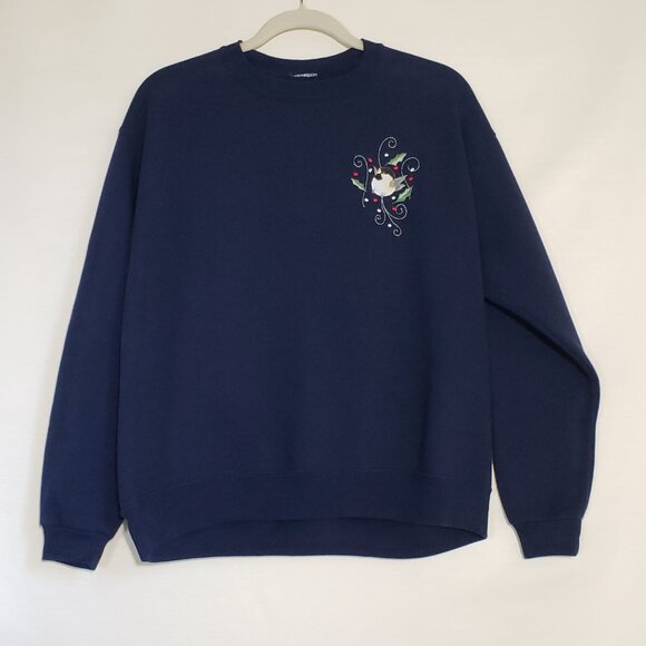 Vintage Navy Embroidered Bird Christmas Holiday Grandmcore Crewneck Sweatshirt - Picture 4 of 4